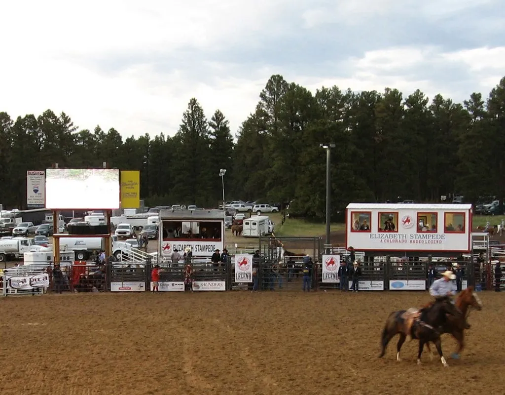 The announcer's booth and arena at Casey Jones Park, home of the Elizabeth Stampede rodeo