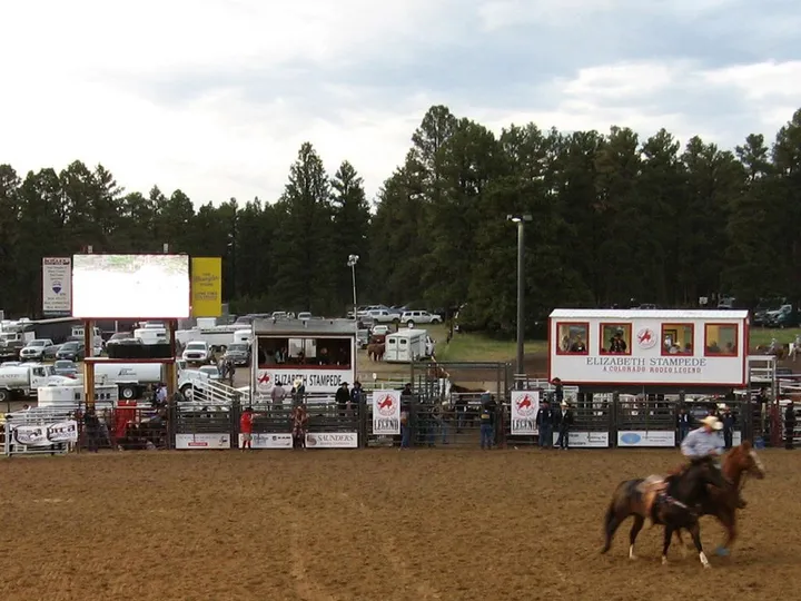 The announcer's booth and arena at Casey Jones Park, home of the Elizabeth Stampede rodeo