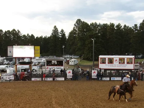 The announcer's booth and arena at Casey Jones Park, home of the Elizabeth Stampede rodeo