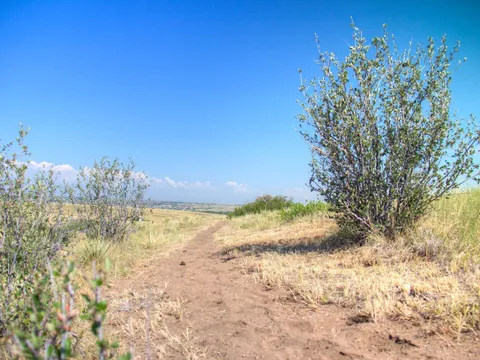 A dirt path through dry grass and low scrub on the Two Bridges Trail, open country stretching to the horizon under a blue sky